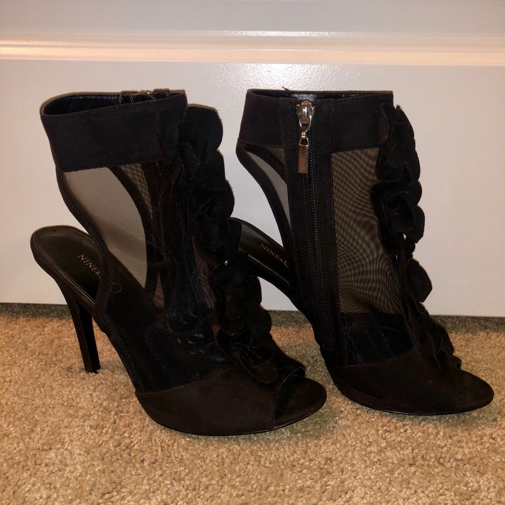 Mesh Flower Accent Black Heels